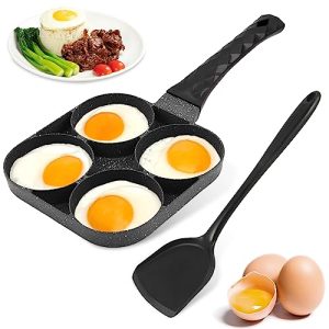 Just E Joy 4-Cup Egg Frying Pan with Silicone Spatula, Aluminum Non Stick Egg Cooker Pan Mini Breakfast Egg Skillet for Gas Stove & Induction Cookware, Single Hole Diameter 3.4 inch/8.8cm(Black)