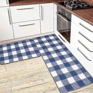 Ileading Blue Kitchen Rugs Sets of 2 Machine Washable Kitchen Floor Mat Non Slip Kitchen Runner Rug Soft Laundry Room Rug for Kitchen, Sink, Laundry Room, Hallway, Entryway, 18″x30″+18″x48″