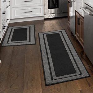 MiXXAR Washable Kitchen Rugs, Non-Skid Rubber Backing Kitchen Anti Fatigue Mat Runner,Durable Under Sink Mat,Welcome Mats Outdoor Indoor(Black, 32″x20″+48″x20″)