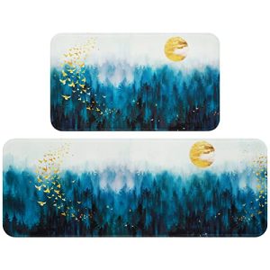 BLEUM CADE Kitchen Rugs Set of 2 Cushioned Anti-Fatigue Kitchen Runner Rug,Non-Slip Washable Kitchen Mats and Rugs,Misty Blue Forest Gold Birds Comfort Kitchen Floor Mat for Sink, Laundry, Doormat
