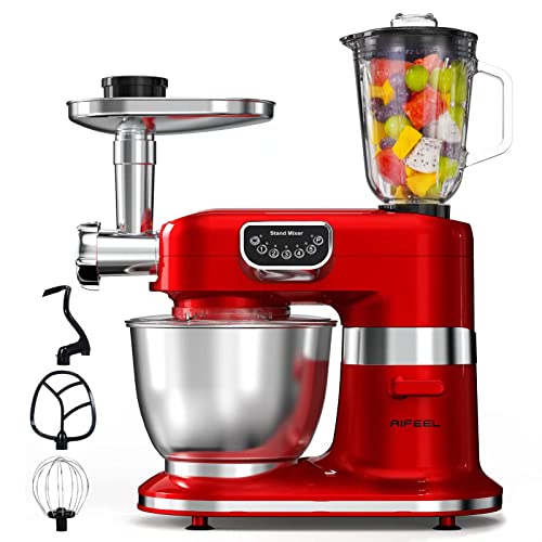 Stand Mixer, 8.5QT 8 in 1 Multifunctional Kitchen Electric Mixer with Dough Hook, Whisk, Beater,Meat Grinder, Blender, Pasta attachment, 5-Speed with LED Key (Red)