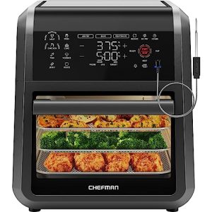 CHEFMAN ExacTemp™ 12 Quart 5-in-1 Air Fryer with Integrated Smart Cooking Thermometer, 28 Touchscreen Presets, Rotisserie, Dehydrator, Bake, XL Convection Oven with Auto Shutoff, Black