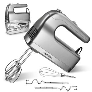 SHARDOR Hand Mixer, 450W Handheld Mixer with Storage Case 5-Speed Plus Turbo Hand Mixer Electric With 5 Stainless Steel Attachments(2 Beaters, 2 Dough Hooks and 1 Whisk), Silver