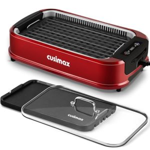 CUSIMAX Smokeless Indoor Grill, Electric Grill Griddle, 1500W Korean BBQ Grill with LED Smart Display & Tempered Glass Lid, Non-stick Removable Grill Plate & Griddle Plate, Red