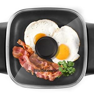 Elite Gourmet EG808 8” x 8″ Non-stick Electric Skillet, Dishwasher Safe with Tempered Glass Vented Lid, Rapid Heat Up, 600W, Black