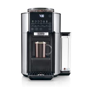 De’Longhi TrueBrew Drip Coffee Maker, Built in Grinder, Single Serve, 8 oz to 24 oz, Hot or Iced Coffee, Stainless, CAM51025MB, 15″D x 13.7″W x 15.8″H