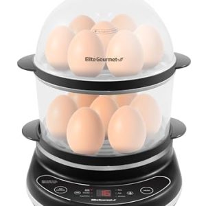 Elite Gourmet EGC314CB Digital Easy Egg Cooker Food Steamer, Poacher, Omelet, Soft, Medium, Hard-Boiled Egg with 6 Programmed Preset Functions, 2-Tiers, Measuring Cup, BPA Free, 14 egg capacity, Black