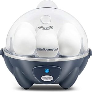 Elite Gourmet EGC007BG Rapid Egg Cooker, 7 Easy-To-Peel, Hard, Medium, Soft Boiled Eggs, Poacher, Omelet Maker, Auto Shut-Off, Alarm, 16-Recipe Booklet, Slate Blue