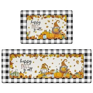 Bsmathom Fall Anti Fatigue Kitchen Rugs Set of 2, Non Slip Waterproof Kitchen Rugs and Mats Sets Thick Cushioned Kitchen Mats, Thanksgiving Buffalo Plaid Pumpkin Gnomes Kitchen Mats for Office Home