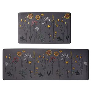 Rempry Kitchen Rugs and Mats Set of 2, Colorful Flowers , Non Slip Cushioned Anti-Fatigue Floor Mats for Kitchen Sink Office, 17″x47″+17″x29″