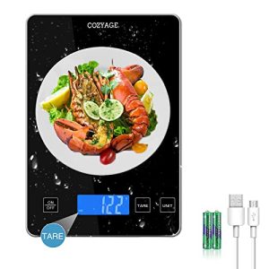 Rechargeable Kitchen Scale, COZYAGE 33lb Kitchen Scale for Cooking/Baking/Diet, Digital Food Scale with 5 Units, 1g/0.1oz Precise Graduation, Large LCD Screen (Black)