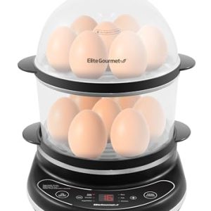 Elite Gourmet EGC314B Easy Egg Cooker Food Steamer, Rice Cooker, Poacher, Omelet & Soft, Medium, Hard-Boiled with Programmable Presets and Delay Timer, BPA Free, 14 eggs, Black