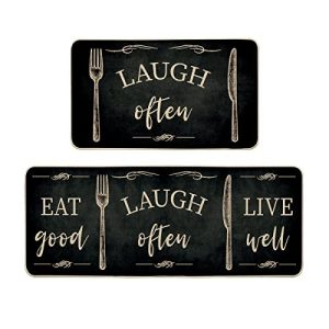 Artoid Mode Balck Eat Good Laugh Often Live Well Kitchen Mats Set of 2, Seasonal Fork and Knife Holiday Party Low-Profile Floor Mat for Home Kitchen – 17×29 and 17×47 Inch