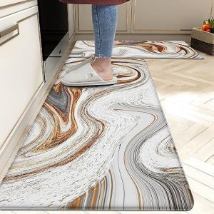 tubeamin Kitchen Mats for Floor Anti Fatigue Floor Marble Cushioned Memory Foam Non Slip PVC Leather Padded Comfort Standing Rugs Set of 2, Abstract Golden Swirl Design, C1