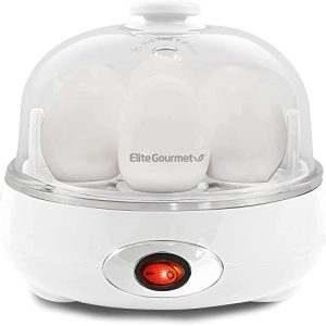 Elite Gourmet EGC700CW# Rapid Egg Cooker, 7 Easy-To-Peel, Hard, Medium, Soft Boiled Eggs, Poacher, Omelet Maker, Auto Shut-Off, Alarm, 16-Recipe Booklet, BPA-Free, Snow