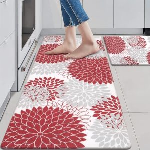 Anti Fatigue Kitchen Mats for Floor 2PCS,17″x47″+17″x29″ Farmhouse Kitchen Rugs Non Slip Rubber Backing,Waterproof Cushioned Standing Mat for Office,Laundry,Sink,Desk,Red