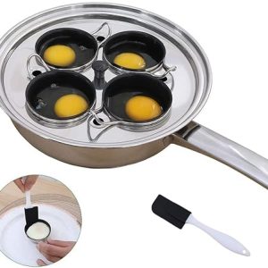 4 Cups Egg Poacher Pan – Stainless Steel Poached Egg Cooker – Induction Cooktop Egg Poachers Cookware Set with 4 Nonstick Large PFOA FREE Egg Poacher Cups and Silicone Spatula