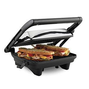 Hamilton Beach Panini Press Sandwich Maker & Electric Indoor Grill with Locking Lid, Opens 180 Degrees for any Thickness for Quesadillas, Burgers & More, Nonstick 8″ x 10″ Grids, Chrome (25460A)