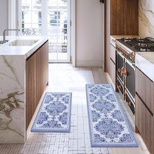 BLEUM CADE 2 PCS Kitchen Rugs and Mats Boho Kitchen Mats for Floor Anti Fatigue PVC Waterproof Leather Runner Rug Non Slip Cushioned Standing Mat for Sink Laundry 17.3”x30”+17.3”x47”