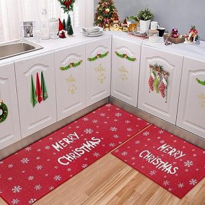 CAROMIO Kitchen Rugs and Mats Washable Non-Skid Kitchen Mats Christmas Decorative Runner Rugs Xmas Throw Floor Mats Runner for Kitchen Laundry Sink, 17″x29″+17″x47″