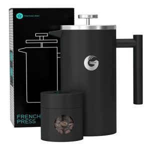Coffee Gator French Press Coffee Maker- Insulated, Stainless Steel Manual Coffee Makers For Home, Camping w/Travel Canister- Presses 4 Cup Serving (Black)