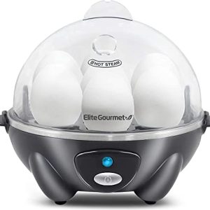 Elite Gourmet EGC710DKG Rapid Egg Cooker, 7 Easy-To-Peel, Hard, Medium, Soft Boiled Eggs, Poacher, Omelet Maker, Auto Shut-Off, Alarm, 16-Recipe Booklet, BPA-Free, Ash