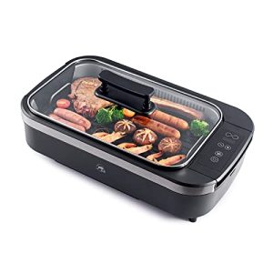 X&E Smokeless Indoor Grill, 1500W Non-Stick Removable Electric Grill and Griddle, Temperature Adjustable to 450°F, 6 Heating Tubes to Edge for Even Heat, Tempered Glass Lid, Dishwasher Safe