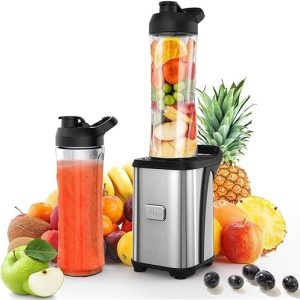 Enfmay Smoothie Blender, Personal Blender for Shakes and Smoothies, 300W Personal Size Blender with 2 x 20oz Tritan BPA-Free Portable Sport Travel Bottles, Single Serve Blender Easy To Clean, Silver