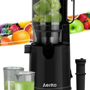 Aeitto Masticating Juicer, Cold Press Juicer Machines with 5.1″ Large Feed Chute,1.7L Large Capacity, 250W Whole Slow Juicer for Vegetable and Fruit, High Juice Yield, Easy to Clean with Brush, Black