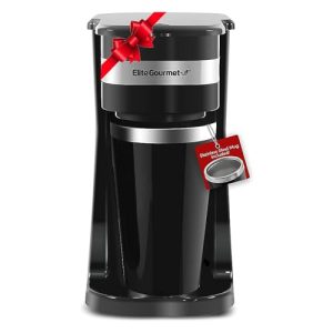 Elite Gourmet EHC113 Personal Single-Serve Compact Coffee Maker Brewer Includes 14Oz. Stainless Steel Interior Thermal Travel Mug, Compatible with Coffee Grounds, Reusable Filter, Black