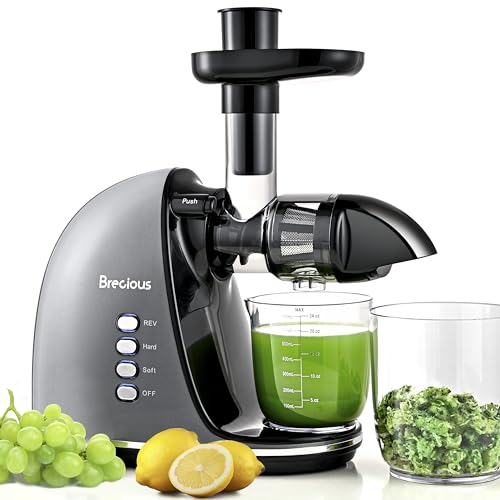 Slow Masticating Juicer,Brecious Cold Press Juicer with 2 Speed Modes & Quiet Motor,Juicer Machines Vegetable and Fruit with Reverse Function,Celery Juicer,BPA-Free,Easy to Clean (Silver)