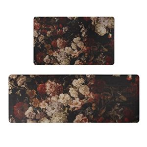 Rempry Floral Kitchen Rugs and Mats Set of 2, Vintage Flowers Kitchen Floor Mats, Cushioned Anti-Fatigue Bohemian Standing Mat for Kitchen Sink Office