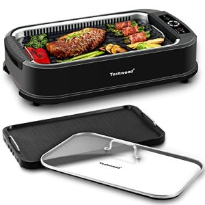 Indoor Smokeless Grill, Techwood 1500W Electric Indoor Grill with Tempered Glass Lid, Portable Non-stick BBQ Korean Grill, Turbo Smoke Extractor Technology, Drip Tray& Double Removable Plate, Black