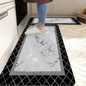 Marble Kitchen Mat EMMTEEY Cushioned Anti Fatigue 2 Pieces Set Mats for Kitchen Floor Non Slip Waterproof PVC Memory Foam Mat for Laundry Office Sink 17.3″X29″+17.3″X47″(Black Gray)