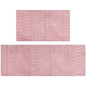 Xsinufn Boho Kitchen Mat Set of 2,Modern Farmhouse Kitchen Rugs and Mats Non Skid Washable,Moroccan Boho Runner Rugs with Rubber Backing for Kitchen Decor and Accessories (Pink 17″x47″+17″x30″)