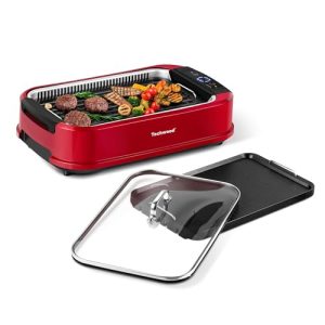 Indoor Smokeless Grill, Techwood 1500W Electric Indoor Grill with Tempered Glass Lid, Portable Non-stick BBQ Korean Grill, Turbo Smoke Extractor Technology, Drip Tray& Double Removable Plate, Red