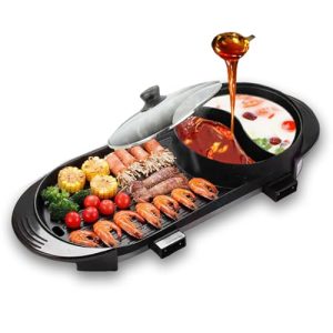 JNTKE Hot Pot with Grill 2 in 1 Indoor 1500W Smokeless Large Capacity Electric Non Stick BBQ Grill Shabu with Separate Dual Temperature Contral for 2-12 People Household Dinner and Party