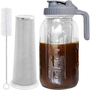 JunVpic Cold Brew Coffee Maker Jar – 64oz Thick Glass Multipurpose Mason Pitcher Spout Lid with Handle & Stainless Steel Filter for Iced Coffee, Lemonade, Ice Tea, Homemade Fruit Drinks Container