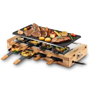 Indoor Grill, CUSIMAX Raclette Table Grill, 1500W Electric Grill Korean BBQ Grill with 2 in 1 Reversible Non-stick Plate/Wooden Base, Party Grill with 8 Trays & Wooden Spatulas, New Model