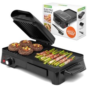 Nutrichef 3-in-1 Grill, Griddle, & Panini Press – Nonstick Coating, Temperature Control – Multiuse Countertop Sandwich Maker – Removable Drip Tray – 1500W – Compact Griddle – 20.3 x 12.5 x 5.3