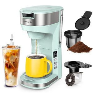 Famiworths Hot and Iced Coffee Maker for K Cups and Ground Coffee, 4-5 Cups Coffee Maker and Single-serve Brewers, with 30Oz Removable Water Reservoir, 6 to 24Oz Cup Size, Cyan