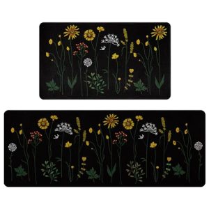 Rempry Colorful Floral Kitchen Mat for Floor, Non Slip Kitchen Rugs and Mat Set of 2, Waterproof Cushioned Anti Fatigue Kitchen Mat, 17″x47″+17″x29″, Black