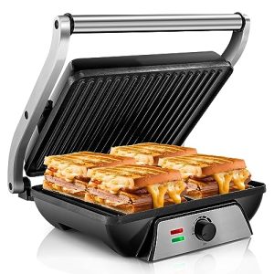 SUSTEAS 3-in-1 Electric Indoor Grill – Panini Press with Non-Stick Cooking Plates, Opens 180-Degree Gourmet Sandwich Maker, Floating Hinge Fits All Foods, Panini Press Grill with Grease Tray