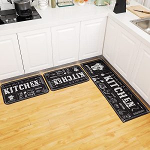3 Pcs Kitchen Rug Set Non Skid Thick Black Kitchen Rugs and Mats Stain Resistant Anti Fatigue Mats for Kitchen Microfiber Floor Non Slip Backing Mat, 15.7″ x 47.2″, 15.7″ x 23.6″ (Kitchen Style)