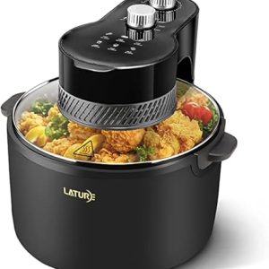 LATURE 5.5 QT Air Fryer Timer & Temperature Controls, with Glass Lid, Dishwasher Safe and Non-stick Basket, 1300W, Oil-Less Healthy Cooker MET Certified with Recipes (Black-Glass Lid)