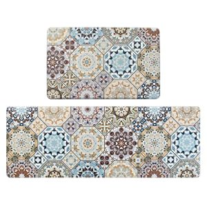 Jabogrii 2Pcs Kitchen Rugs, Cushioned Anti Fatigue Kitchen Mat PVC Non Slip Waterproof Runner Comfort Standing Floor Carpet Set for Sink, Laundry 17″x48″+17″x28″