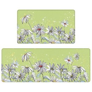 Serwrsw White Wildflower Kitchen Rugs Sets of 2, Spring Country Floral Flower Kitchen Mats for Floor 2 Piece, Non Slip, 17″x47″+17″x29″, Green