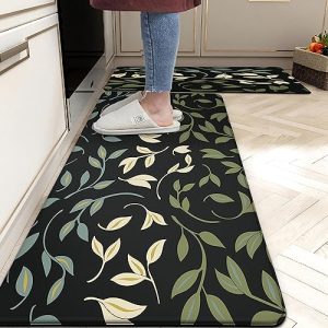 Black Green Leaf Kitchen Rugs and Mats Cushioned Anti Fatigue Mats for Kitchen Floor Plant Leaf Mat Memory Foam Black Kitchen Rug Comfort Standing Non Skid Washable for Sink,17.3″ x28″ + 17.3″ x 47″