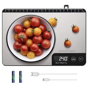 ILoveFidget Digital Kitchen Scale 33lb with Measure Length (8in), Rechargeable Food Scale with LCD Display Weight Grams and Ounces, 1g/0.1oz Precise Graduation, 304 Stainless Steel and Tempered Glass