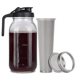 Cold Brew Mason Jar iced Coffee Maker, Durable Glass, – 64 oz (2 Quart / 1.9 Liter), With Handle& Stainless Steel Filter for Iced Brew Coffee, Lemonade, Ice Tea, Homemade Fruit Drinks Container